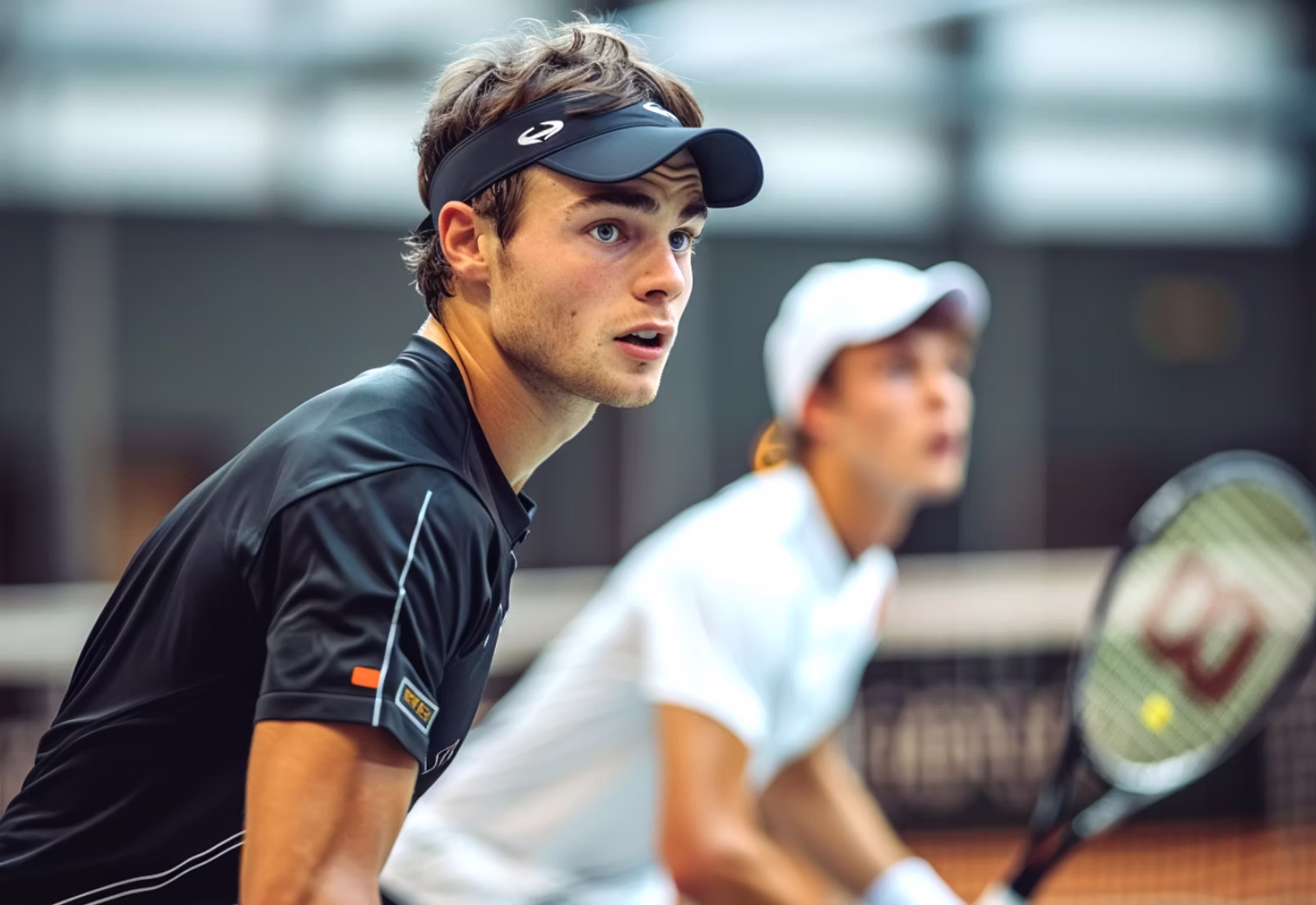 Two male tennis players focused during a match.